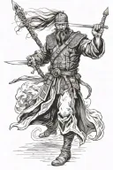 A Cossack sorcerer-warrior ('Kharakternyk') with two sabers in hand, walking away from a monitor and into the depths of  tattoo design idea