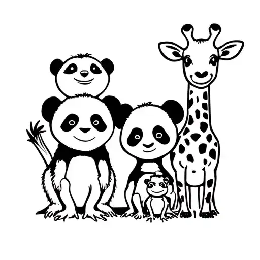 family portrait of a meerkat and a panda and a frog and a giraffe. tattoo design idea
