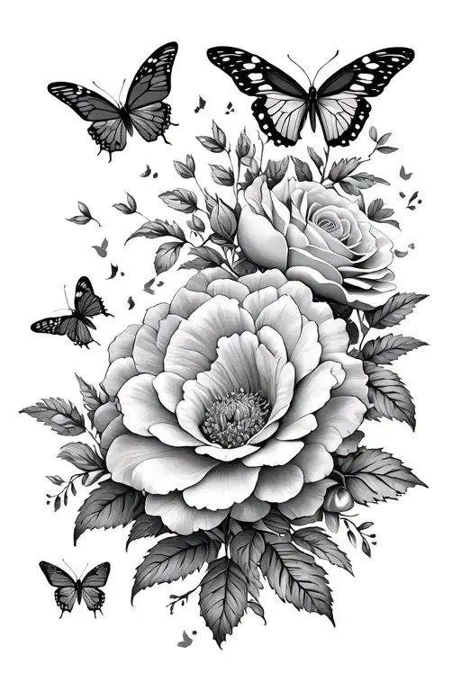 flowers with butterlies flying around - peonys, roses, crysanthemums - side upper leg fine line tattoo - big peice tattoo design idea