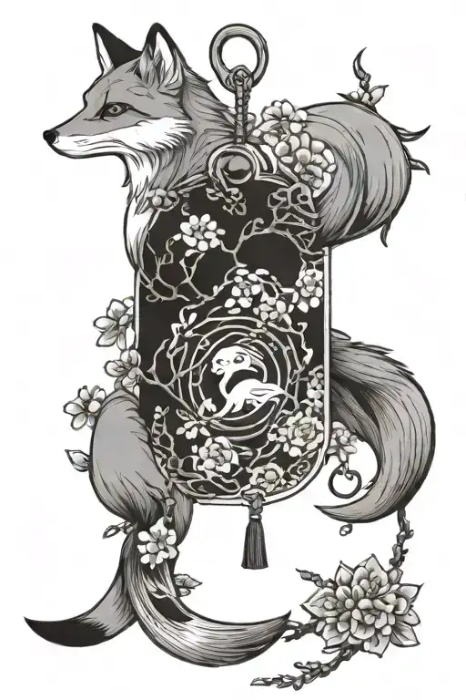 fox omamori charms sakura branch surrounded tattoo design idea