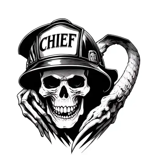 reaper holding a skull with a firefighter helmet that says CHIEF  tattoo design idea