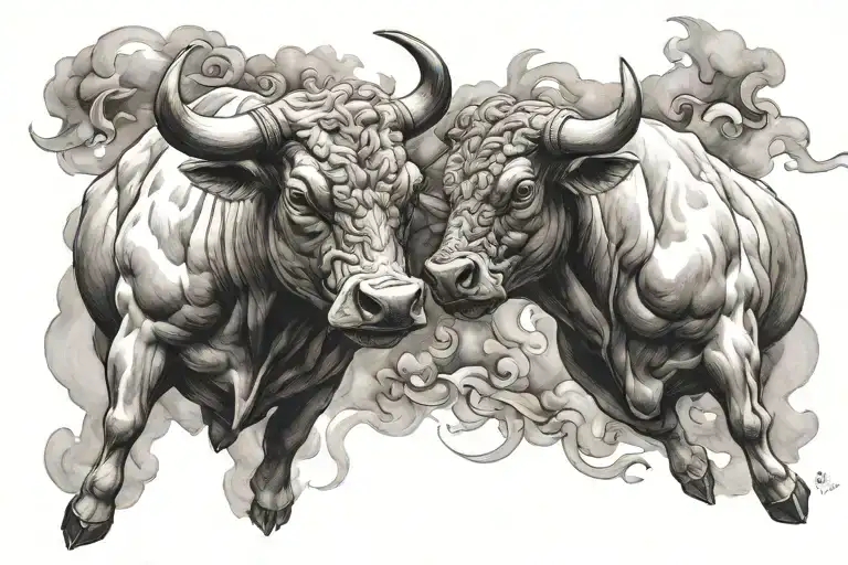 two bulls collide heads coming out of the smoke tattoo design idea