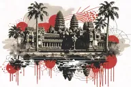 Angkor Wat, sun on the right side, palms, Water tattoo design idea
