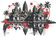 Angkor Wat, sun on the right side, palms, Water tattoo design idea