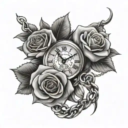 tattoo going from thigh to back roses and a small pocket watch and chain intertwined tattoo design idea