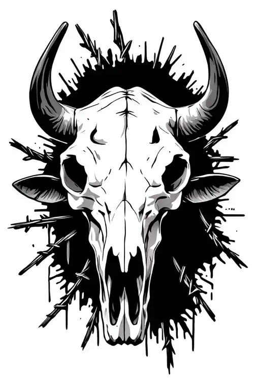 western bull skull with barb wire tattoo design idea
