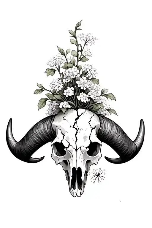 texas long horn skull, have the skull be cracked and growing out of the cracks and wrapping horns flower babys breath tattoo design idea