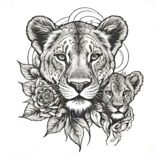 lioness and 2 cubs. rose and sunflower. Mandela background tattoo design idea