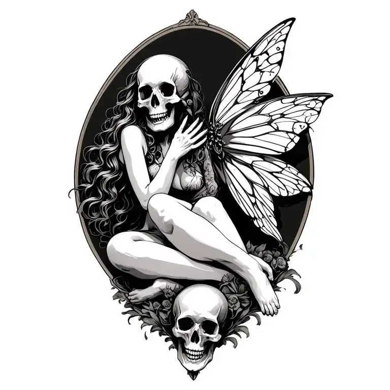 fairy holding a skull while sitting amoung skulls tattoo design idea