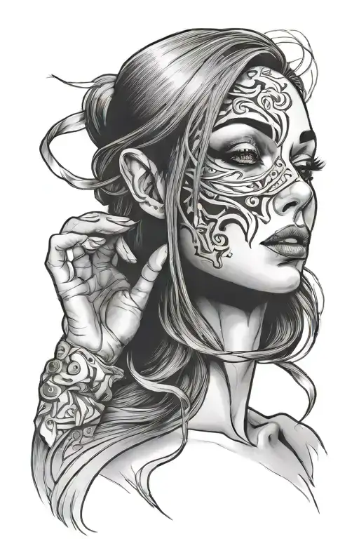 crying Girl ripping theatre mask off her face    tattoo design idea