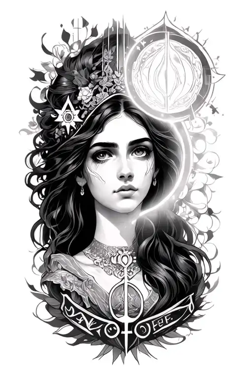 forearm band with Nora and symbols of light tattoo design idea