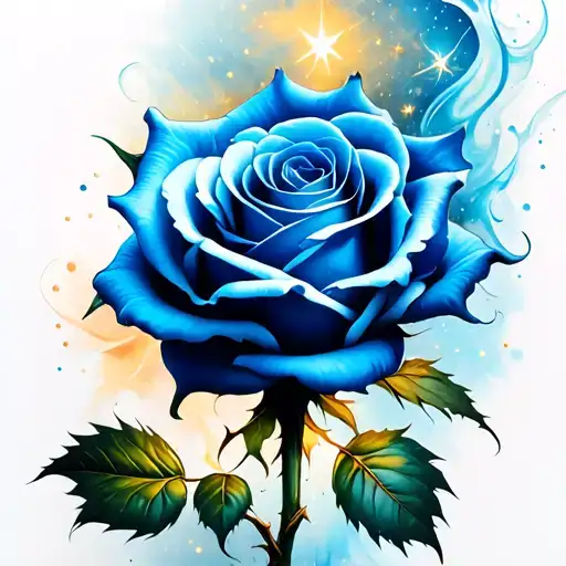 realistic blue rose with stars dust wind and smooth shading  tattoo design idea