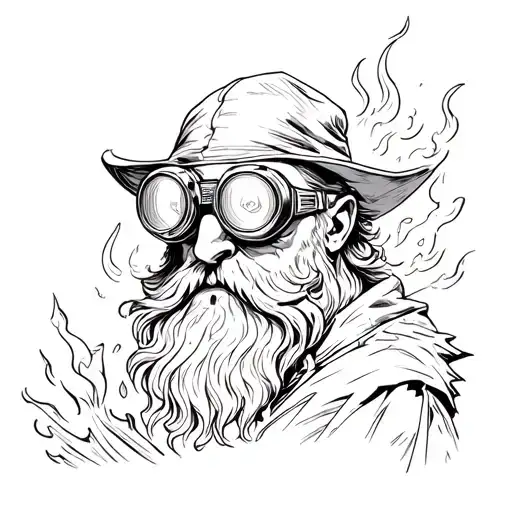 Wizard in welding goggles casting fire tattoo design idea