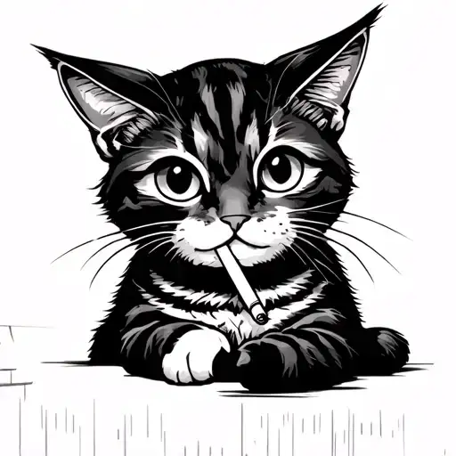 cute cat smoking a cigarette in black and white style tattoo design idea