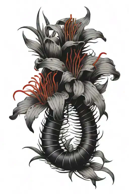centipede wrapping around arm with red spider lily  flower  tattoo design idea