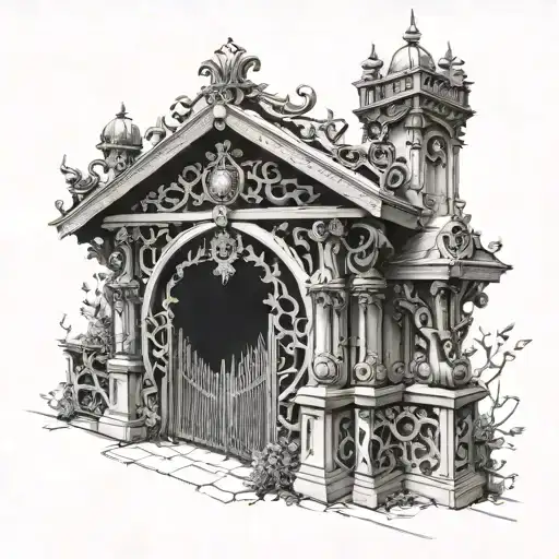 Cemetery gate with intricate carpentry details stomach tattoo tattoo design idea