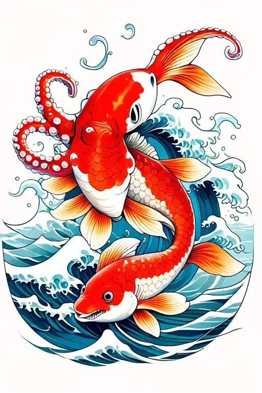 water, octopus, koi fish, shark, waves, ocean, tattoo design idea