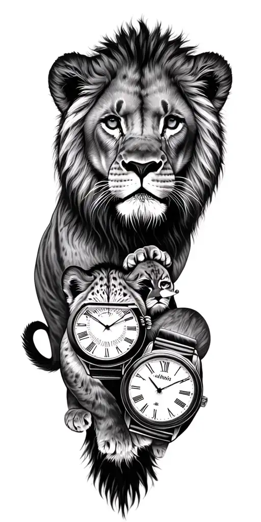 2 lion cubs 2 time watches surrounded tattoo design idea