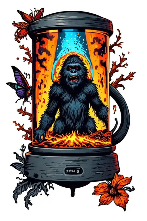 lava lamp filled with cryptids like Bigfoot and mothman  tattoo design idea