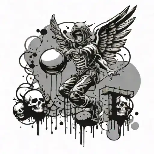 angel saving falling skeleton, Banksy balloon boy, all ink splatter style. tattoo design idea
