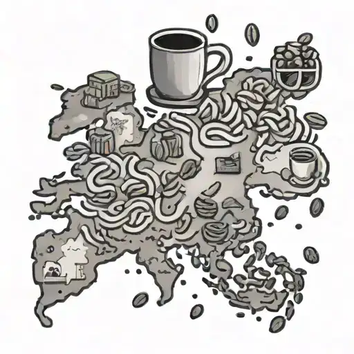 A map of the world with coffee beans as landmarks and gummy bears as travel companions, representing the client's love for travel and coffee tattoo design idea