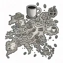 A map of the world with coffee beans as landmarks and gummy bears as travel companions, representing the client's love for travel and coffee tattoo design idea