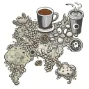 A map of the world with coffee beans as landmarks and gummy bears as travel companions, representing the client's love for travel and coffee tattoo design idea