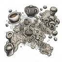 A map of the world with coffee beans as landmarks and gummy bears as travel companions, representing the client's love for travel and coffee tattoo design idea