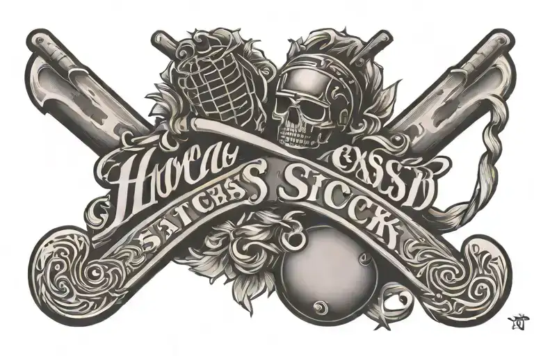 lucas name tatto with hockey stick crossed tattoo design idea