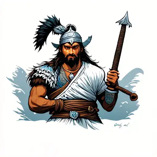 Oxaguian is young, a warrior and agile. He dresses in white and light blue, wears a mariwo on his head and carries a sword or pestle. tattoo design idea
