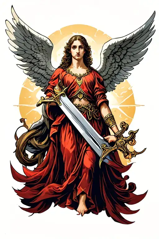 Style: Traditional with elements of realism.  Angel (top of the sleeve): - Wings are open from shoulder to elbow, the sword is directed tattoo design idea