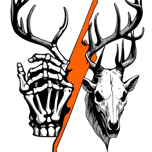 skeleton hand on half with deer skull and antlers on other half split diagonally  tattoo design idea
