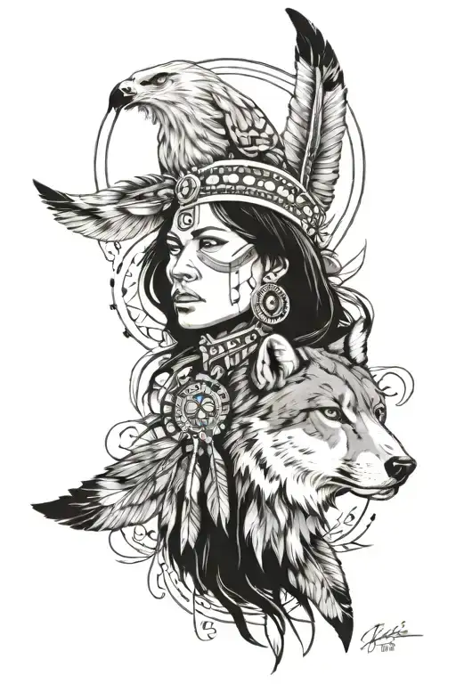 Create a tattoo design that merges elements of ancestral medicine, spirituality, and the power of femininity, with a nod to the wisdom of Native American animal symbolism tattoo design idea