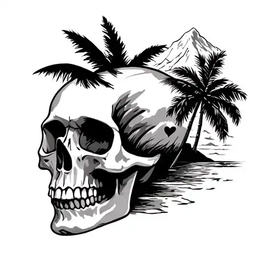 patchwork: skull , palm, heart, beach, mountain, tattoo design idea