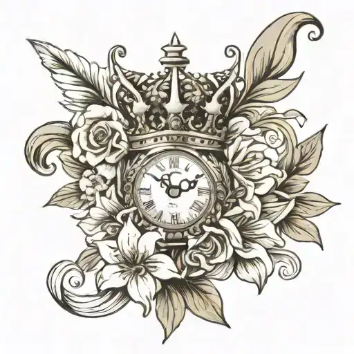 crown, clock with wheels, white Lilly flower tattoo design idea