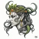 medusa face profile with white eyes, blood teardrops, and a tiara with shiny jewels tattoo design idea