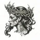 medusa face profile with white eyes, blood teardrops, and a tiara with shiny jewels tattoo design idea