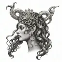 medusa face profile with white eyes, blood teardrops, and a tiara with shiny jewels tattoo design idea