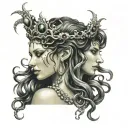 medusa face profile with white eyes, blood teardrops, and a tiara with shiny jewels tattoo design idea