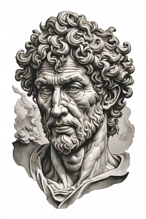 Face and bust of Michelangelo's David in black and white along the forearm, with Renaissance background and real details tattoo design idea