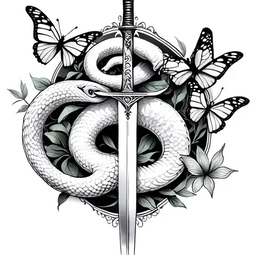 Gemini tattoo with white snake and butterflies. With a dagger tattoo design idea