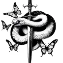 Gemini tattoo with white snake and butterflies. With a dagger tattoo design idea