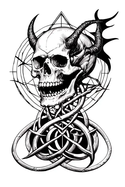 satanic skulls and demonic sigils intertwined with sacred geometry tattoo design idea