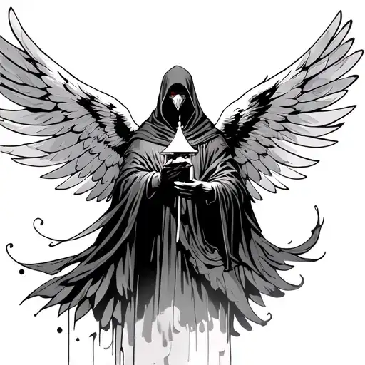 cloaked figure with hawk wings splayed holding lamp tattoo design idea