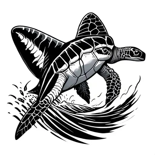 polynesian hawaiin style shark tooth with a turtle surfing a wave inside tattoo design idea