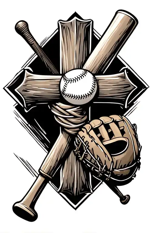 cross with a baseball bat and baseball glove wrapped tattoo design idea