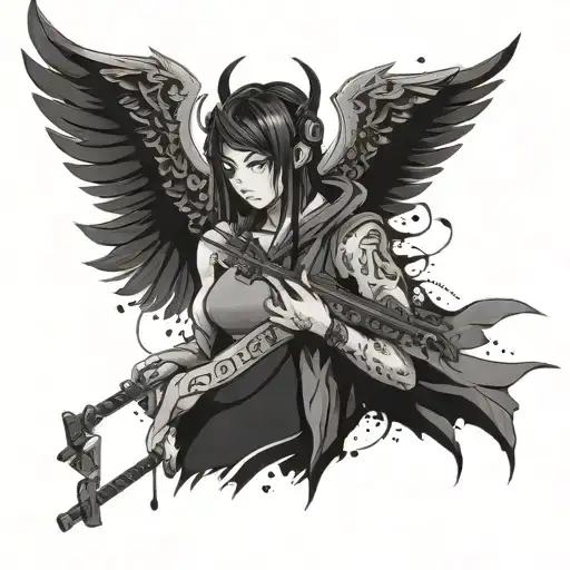 An anime-inspired tattoo featuring a student character with demonic wings, symbolizing their inner strength and passion for music and gaming tattoo design idea