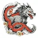 Wolf and Dragon emerging tattoo design idea
