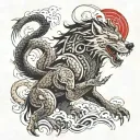 Wolf and Dragon emerging tattoo design idea