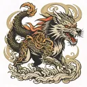 Wolf and Dragon emerging tattoo design idea